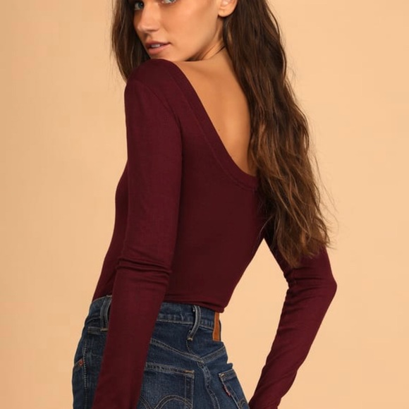 Lulus Simply the Best Long Sleeve Button Front scoop bodysuit, Burgundy, Medium - Picture 6 of 6